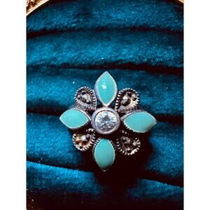 Vintage NF 925 Sterling Silver Thailand Flower Ring Green Stone Size 6.5